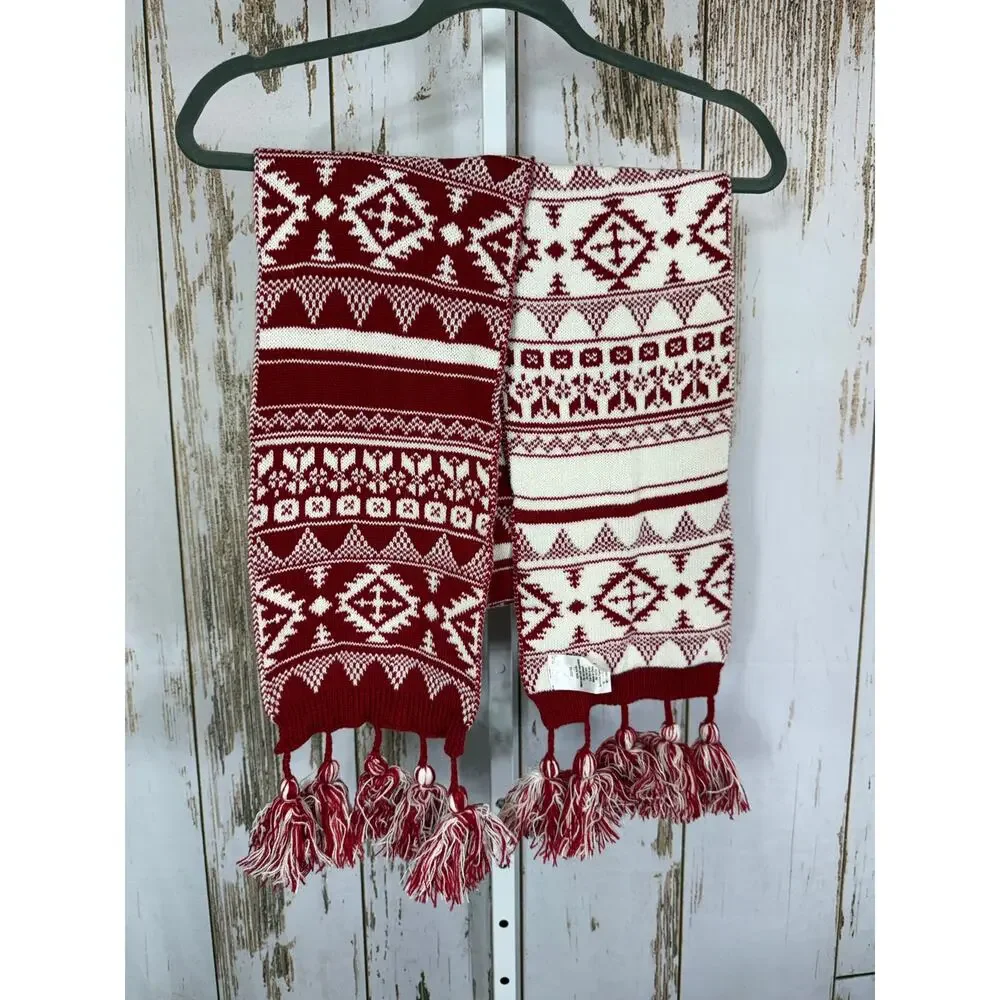 Red and White Acrylic Double Sided Scarf with Fringe. 7.5